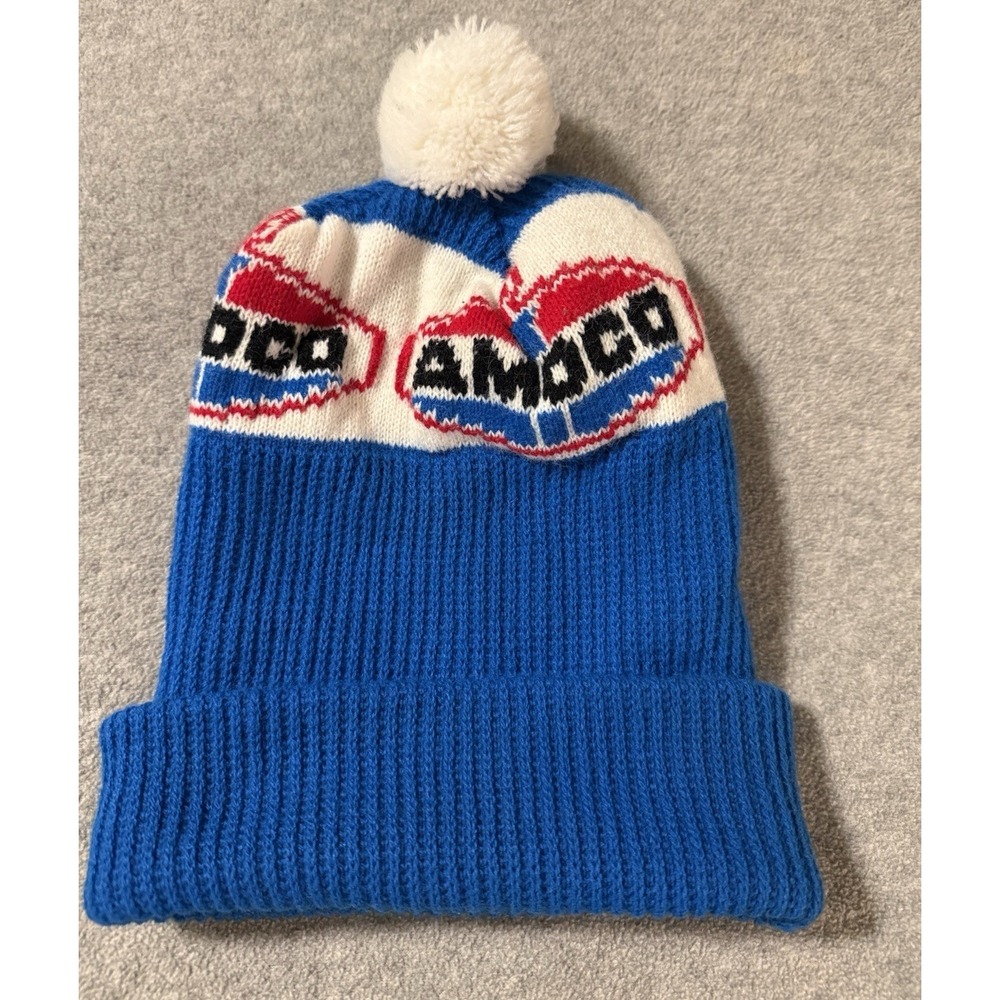 VTG 80's Amoco Stocking Hat Blue Pom Pom Advertising Beanie Petroleum Gas Winter